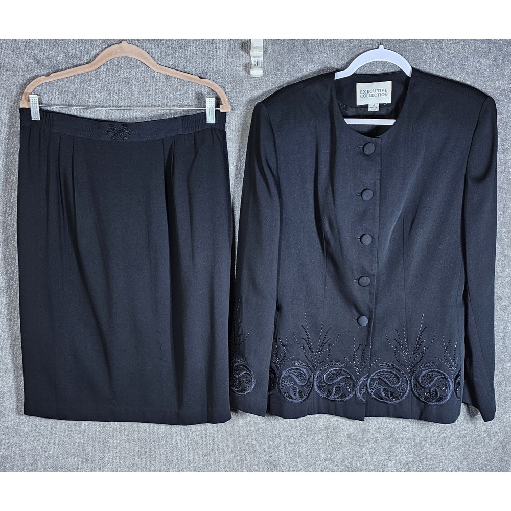 Executive Collection Blazer Skirt Suit Womens Size 14 Black‎ Embroidered Beaded